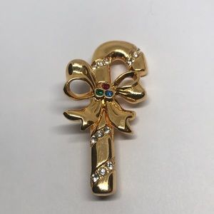 1995 Merksamer Candy Cane W/Bow Christmas Brooch Pin Gold Tone  Red Green Blue